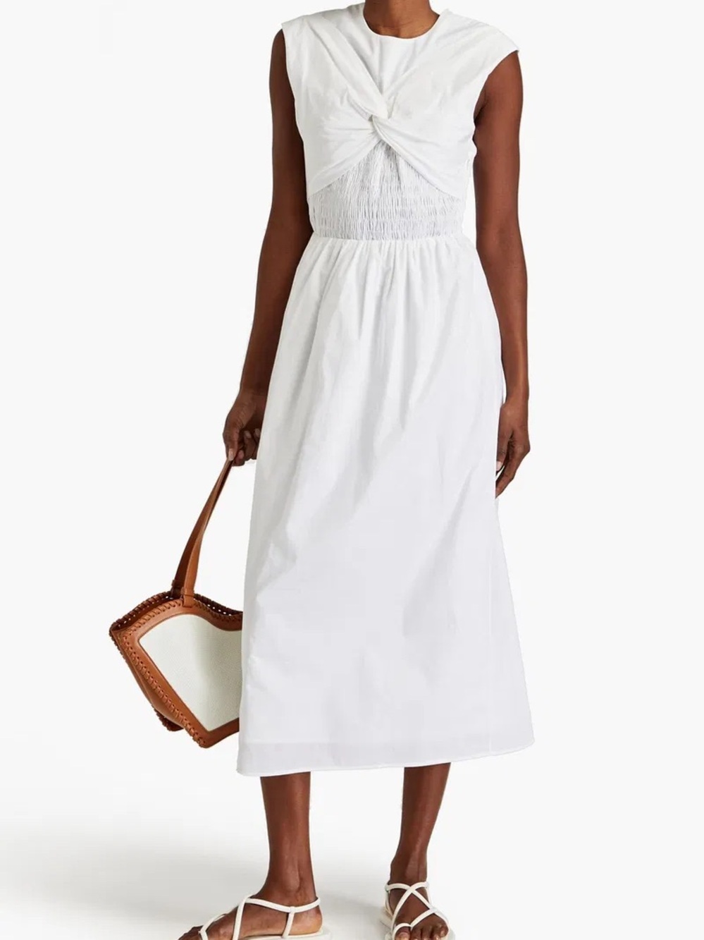 Lottie twist-front smocked cotton-poplin midi dress